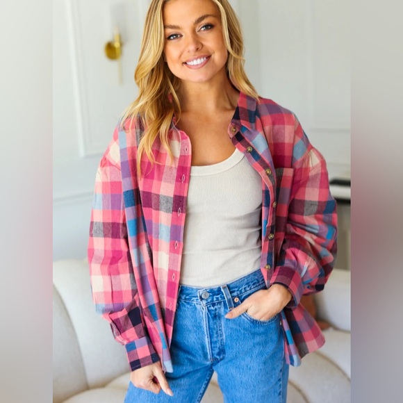 Oversized Button Down Mauve Washed Lightweight Plaid Top, Puff Shoulder, Small - Picture 7 of 11
